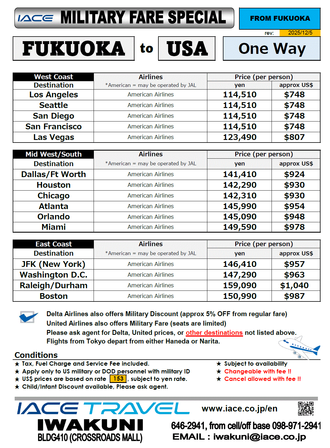Military Special One Way Ticket To USA