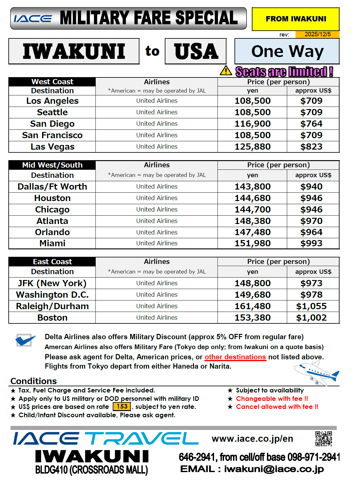 Military Special One Way Ticket To USA