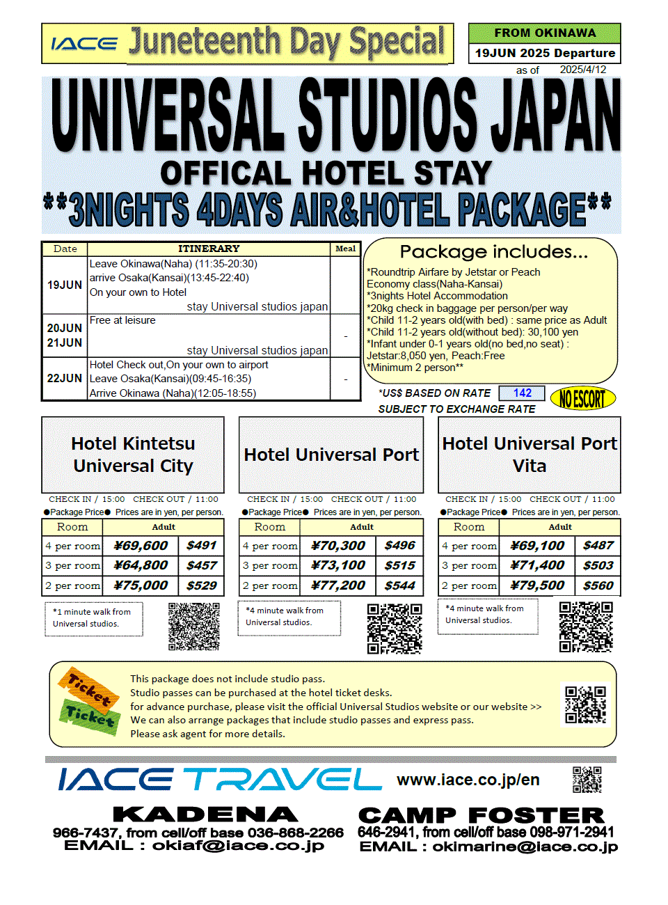 Universal studios Japan  4days *dep 17th-19th JUN